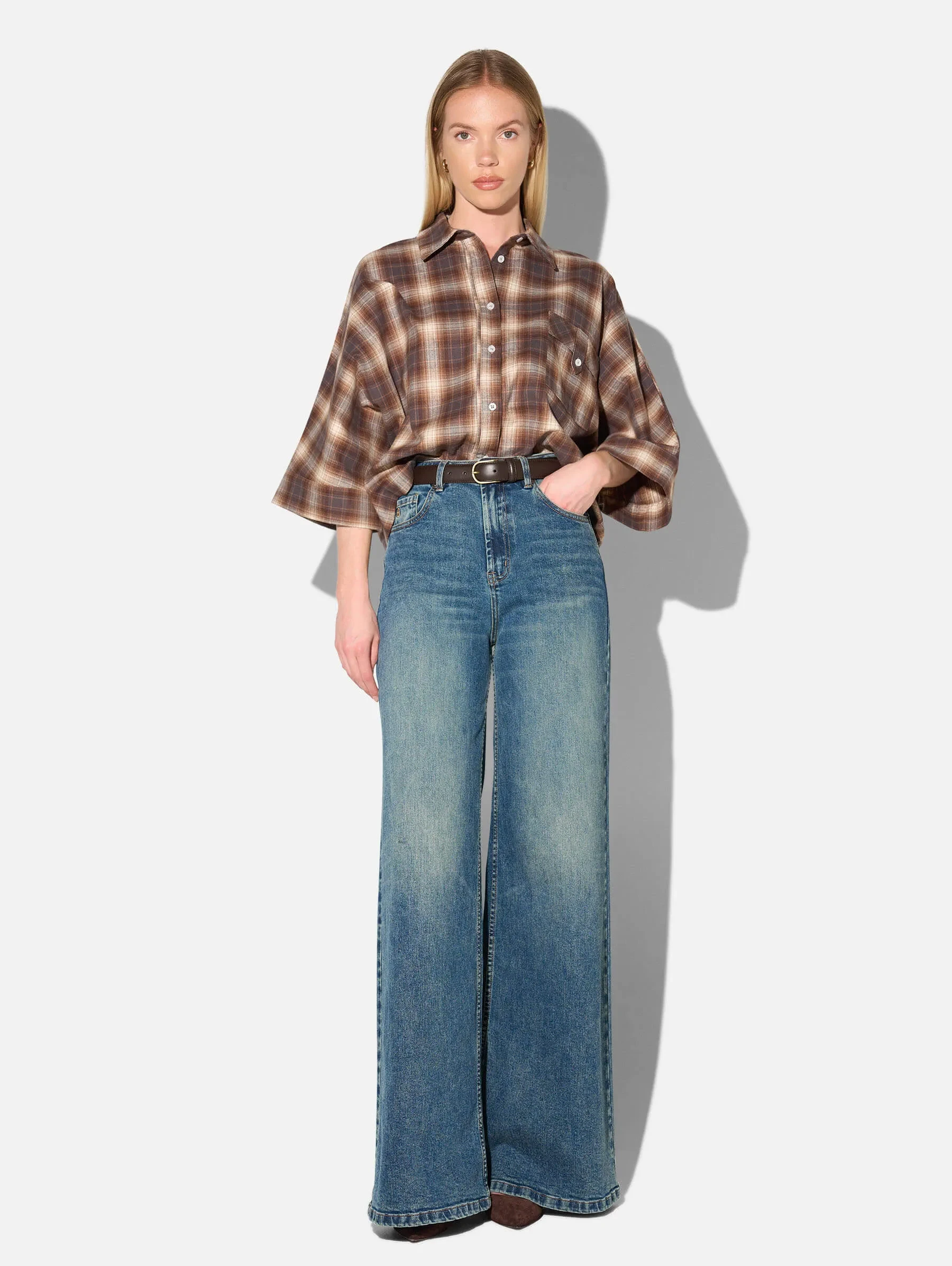 Bruine Kimono Blouse Dames Ruit Carl