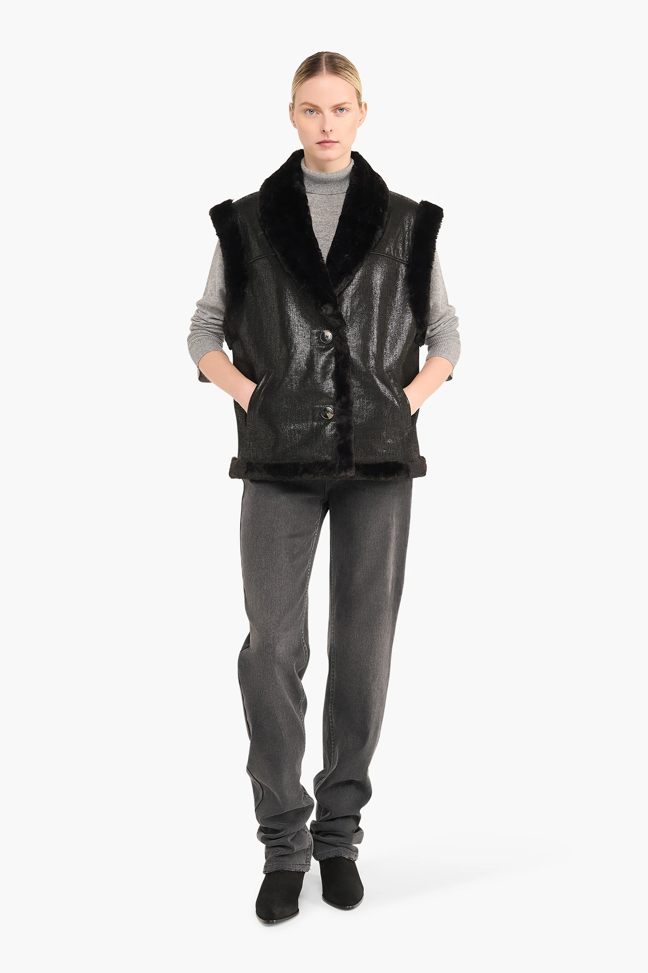 Leren Dames Vest Justin Zwart Metallic Bont